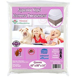 Superior Extra Heavy 8 Gauge Vinyl Mattress Protector Zippered Encasement Cover 100% Waterproof Queen White