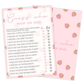 Beshoul Baby Shower Games for Girl, Strawberry Guess Who Mom or Dad, 25 Double-Sided Hilarious Baby Shower Games for Gender Reveal Party Decorations Supplies Announcement - E01
