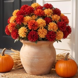 Sousi 10 Bunches Artificial Mums Flowers Outdoor, UV Resistant Orange Chrysanthemum Mums Bushes, Realistic Faux Silk Fall Flowers for Front Porch, Patio, Yard, Window Box Planter and Autumn Home Decor