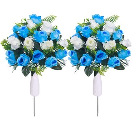 Lodou Artificial Cemetery Flowers,Set of 2 Grave Decorations Roses, Tombstone Memorial Bouquet with Vase for Grave Arrangementss (2, White & Blue)