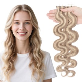 Elailite Wavy Tape in Hair Extensions Human Hair Body Wave Real Remy Hairpieces Dark Ash Blonde & Bleach Blonde 14 Inch 40g 20pcs Invisible Seamless Skin Weft Best Tape for Women
