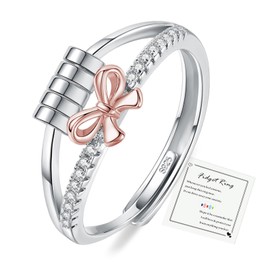 HEEYA Anxiety Ring for Women Silver 925 Bows Anxiety Ring with 5A Cubic Zirconia Adjustable Anti-Stress Ring with Beads Spinner Fidget Rings Women Hypoallergenic Mood Ring Against Stress