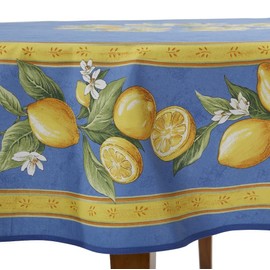 Occitan Imports Citrons Bleu Round French Tablecloth, Uncoated Cotton, 71 in diameter