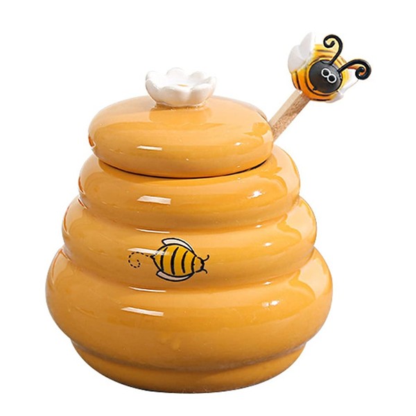 Hopbucan Ceramic Beehive Honey Pot and Wooden Dipper Honey Jar with Lid Honey Stir Bar for Honey Jar Supplies Kitchen Accessories