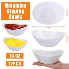 Dingion 12 Pcs Melamine Dessert Bowls Bulk 15 oz Oval Ice Cream Bowls White Cereal Bowls for Ice Cream Salad Dipping Pasta Dish for Garden Tea Camping Party Dinner