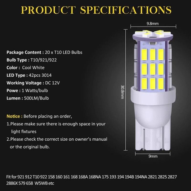 AOICANKI T10 921 194 168 LED Bulbs Cool White 20-Packs,