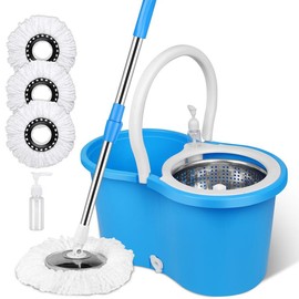 Spin Mop and Bucket with Wringer Set, 360° Mop Bucket System with 3 Microfiber Mop Replacement Heads and 61" Stainless Steel for Floor Cleaning:_BLUE