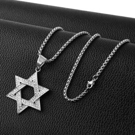 HZMAN Star of David Necklace for Men Women Stainless Steel Cubic Zirconia Hexagram Pendant Jewish Israel Jewellery Gift, Stainless Steel, Cubic Zirconia
