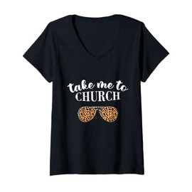 Womens Take Me To The Church Leopard Sunglasses Christian Religious V-Neck T-Shirt
