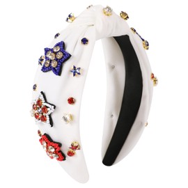 Gmmidea American Flag Star Headband 4th of July Patriotic Accessories for Women Girls Beaded Rhinestone Jeweled Knotted Headband USA Costume Head Band 4th of July Party Favors