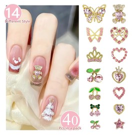 qiipii 40Pcs Pink Nail Charms 3D Butterflies Bear Heart Cherry Star Big Nail Rhinestones Gems Cute Crystals Diamonds Y2K Alloy Nail Art Supplies Decor for Acrylic Nails Face Makeup DIY Crafts Jewelry