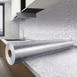 Kitchen Waterproof Oil Proof Aluminum Foil Sticker, Silver Texture Peel and Stick Wallpaper Removable and Self Adhesive Paper for Kitchen Countertops Desk Cabinet (24"x197", Silver Texture)