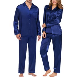 SWOMOG Men Pajamas Matching Pajamas Set Silk Satin Women Pj Set Long Sleeve Button Down Sleepwear 2 Pcs Loungewear Navy Blue X-Large