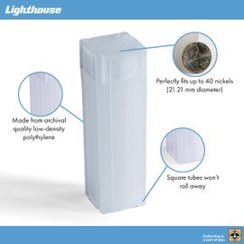 LIGHTHOUSE - Square Coin Tubes - Convenient Push Top, Virtually Unbreakable, Acid Free and Archival Quality - Coin Tubes for US Nickels, 10 Pack