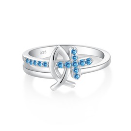 STARCHENIE Aquamarine Cross Ring 925 Sterling Silver Christian Fish Ichthus Ring Size 8