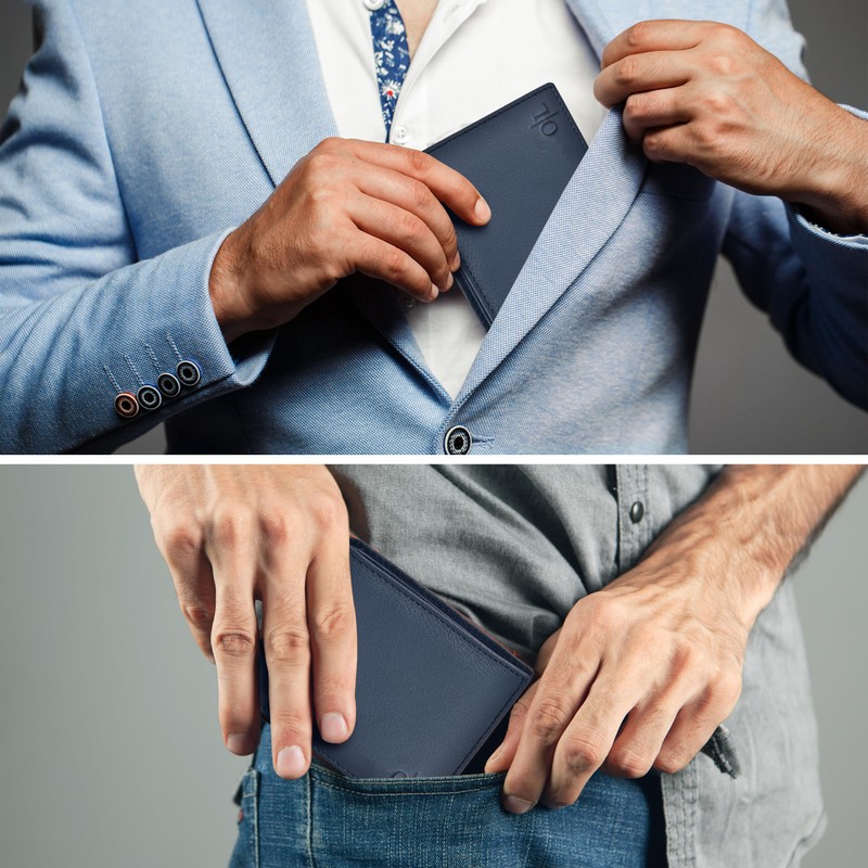Large Capacity Blue Genuine Leather Bifold Wallet/Credit Card Holder for