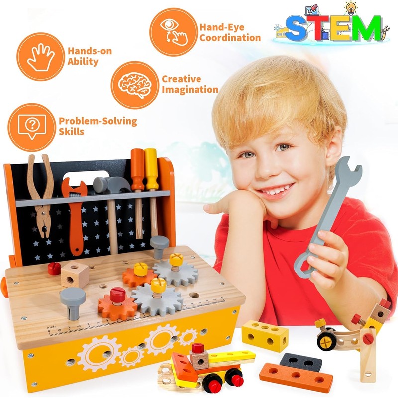 Wooden Kids Tool Bench 54 PCS Montessori STEM Tool Set