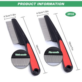 Flea Comb for Dogs Cats, 2 Pcs Dog Cat Flea Comb Fine & Thick Rounded Teeth Pet Combs for Grooming Short Long Haired Kittens Puppies