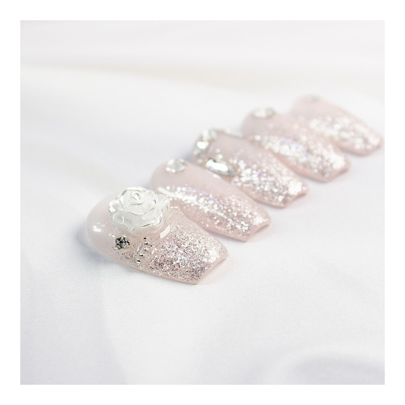 White Glitter Handmade Nail Tips - Apricot / 하얀 반짝임
