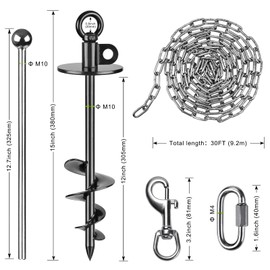 Dog Tie Out Chains and Stake, 30ft Chew Proof Stainless Steel Dog Chains for Outside, 15" Heavy Duty Dog Anchor for Dogs Up to 125lbs, Fully Welded, No Tangle, Ideal for Yard and Camping