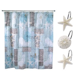 Avanti Linens- Shower Set, Fabric Shower Curtain & 12pc Curtain Hooks, Beach Inspired Bathroom Essentials (Beachcomber Collection)