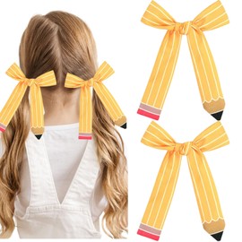 2Pcs Back to School Hair Clips Yellow Pencil Bows Hair Clips 8.5'' First Day of School Long Ribbon Alligator Barrettes Hairpins for Girls Teens Kids Hair Accessories for Kindergarten Students