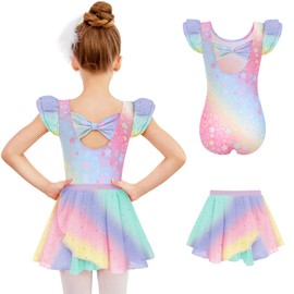 Zaclotre Girl 2 Piece Ballet Outfit Short Sleeve Rainbow Dance Leotard with Chiffon Skirt Size 10-11 Years