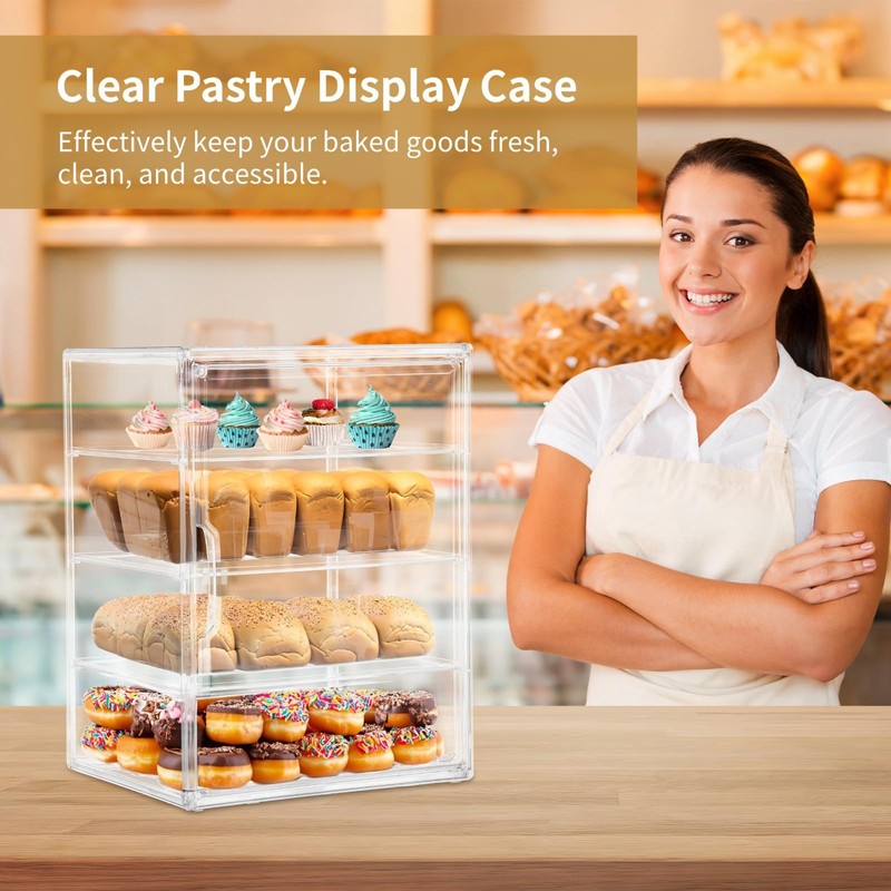 Homaisson Pastry Display Case, 4-Layer Adjustable Clear Bread Storage with