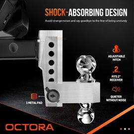 OCTORA Adjustable Trailer Hitch (Fits 2-Inch Receiver) - Aluminum Tow Hitch with 6-Inch Drop/Rise for Truck (12,500 LBS GTW) - Double Anti-Theft Locking Hitch Pins (Silver, 2inch-6Drop)