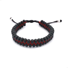 Agálea | Pulsera doble tejida de bolitas de piedras naturales y Plata ley .925 para Hombre (Negro-Rojo)