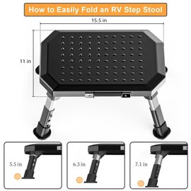AUH RV Steps，Adjustable Height Foldable Step Stool with Non-Slip Rubber Feet Aluminum RV Step, Stable Camper Steps Portable Handle, Reflective Tapes, Easy to Carry Supports Up to 1000lbs (Black)