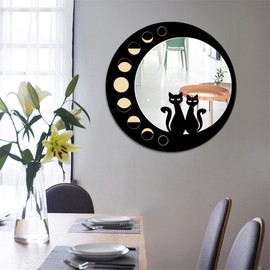 Cat Wood Mirror Wall Decor Art, Cute Cat Wooden Framed Acrylic Mirror Wall Stickers, Boho Black Cats Moon Phase Decorative Mirrors, Wooden Aesthetics Wall Mounted Mirror for Home Living Room Bedroom