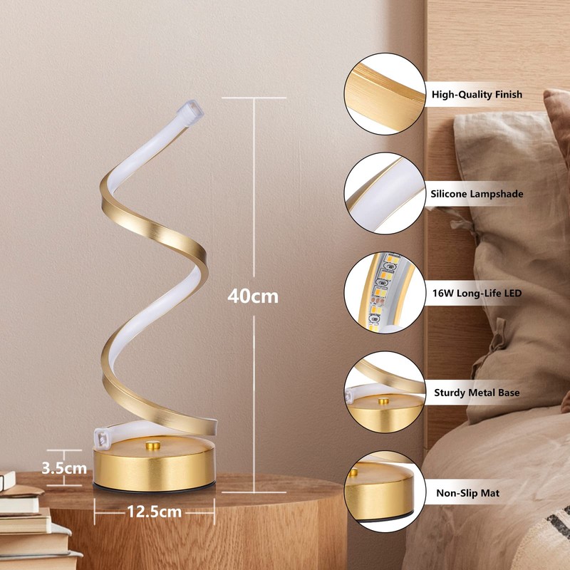 NUÜR Gold Infinity Spiral LED Table Lamp, Dimmable Metallic Bedside