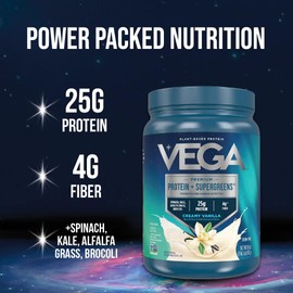 Vega Protein and Greens Protein Powder Creamy Vanilla (11 Servings) 25g Plant Based Protein Plus Veggies, Vegan, Non-GMO, Pea Protein for Women and Men, 1.2lbs