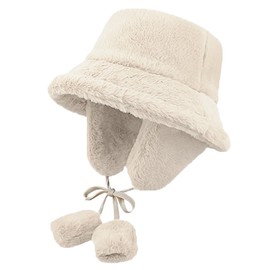JFAN Women's Winter Plush Bucket Hat Fluffy Soft Warmer Bucket Hat for Girls, beige