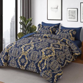 WONGS BEDDING Blue Gold Comforter Set Queen Size,Damask Texture 7 Pieces Bed in a Bag Microfiber Comforter Bedding Sets -1 Comforter, 1 Flat Sheet, 1 Fitted Sheet, 2 Pillow Shams, 2 Pillowcases