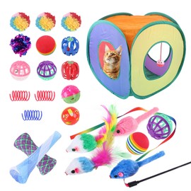 24 Pcs Cat Toys for Indoor Kitten, Interactive Feather Wand Ball Spring Mice Toy Cottage for Kitten Cats