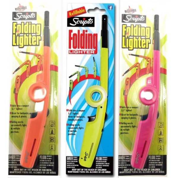 Scripto 3 Pack Combo - 3 Random color Scripto "Refillable" Folding Lighter Safe for Camping/grilling/home, Adjustable Flame