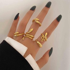 Aneneiceera Vintage Stacking Snake Knuckle Ring Set Gold Snake Finger Rings Opening Snake Mid Ring Punk Spiral Serpent Ring Adjustable Statement Ring Jewelry for Women (Gold)