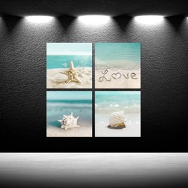 iKNOW FOTO 4 Pieces Wall Art Canvas Prints - Seashell, Starfish, Beach Picture, 12x12'' Each, Modern Artwork Framed for Bathroom, Home, Kitchen, Office Decor