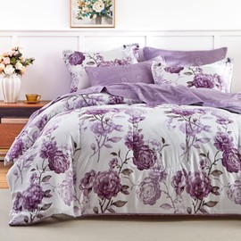 AIKASY 7-Piece King Size Bed in a Bag Comforter Set - Thistle Purple Floral Ensemble with Reversible Botanical Flowers Comforter, Sheets, Pillowcases & Shams