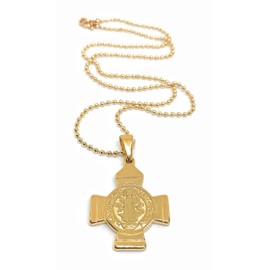 LESLIE BOULES Saint Benedict Cross Pendant Necklace 18K Gold Plated Chain Religious Jewelry