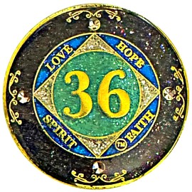 (1-50 Years) NA 36 Year Crystals and Glitter Medallion, Golden Color Plated Coin, Black Rainbow, Blue Glitter and Four Clear Crystals (NA 36 Year Crystals and Glitter, Gold Color Medallion)