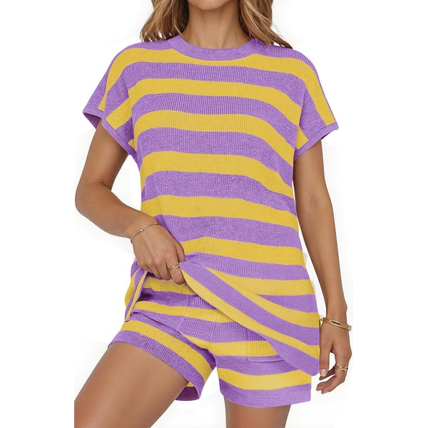 UEU 2 Piece Outfits Womens Short Sets Summer Striped Sweater