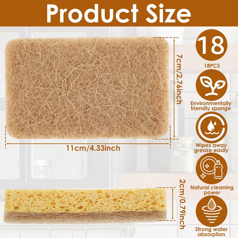 Foribyw 18 Pack Biodegradable Kitchen Sponges, Natural Plant Based Scrub