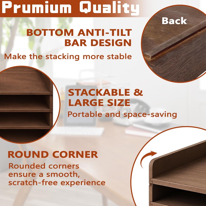 PROLEE Wooden Paper Tray Organizer for Desk,Stackable Paper Holder and