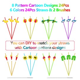 24PCS Beach Drinking Straws Reusable for Kids Summer Theme Birthday Party Favors Supplies Decorations with 2 PCS Cleaning Brushes(Beach Theme)