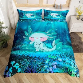 Manfei Cartoon 3D Print Axolotl Comforter Covet,Cute Ocean Animal Duvet Cover for Girls Teens Bedroom Gifts,Undersea World Plant Comforter Cover(No Filler) Decorative with 2 Pillowcases, Full Size
