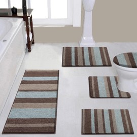 Vaukki 5 Piece Bathroom Rugs Set, Non Slip Shaggy Microfiber Plush Absorbent Washable Bath Shower Mats Runner for Tub (18''x26''+20''x32''+20''x47''+U20''x24''+Lid Cover, Mocha)