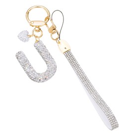 PATIKIL Bling Letter Keychain, Sparkly Initial Keychains Diamond Letters Key Wristlet for Girls Women Bag Decorations Car Backpack Accessories, Silver-U